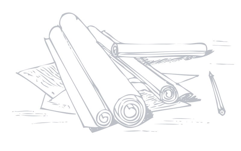 Sketch of rolled-up blueprints with pencils